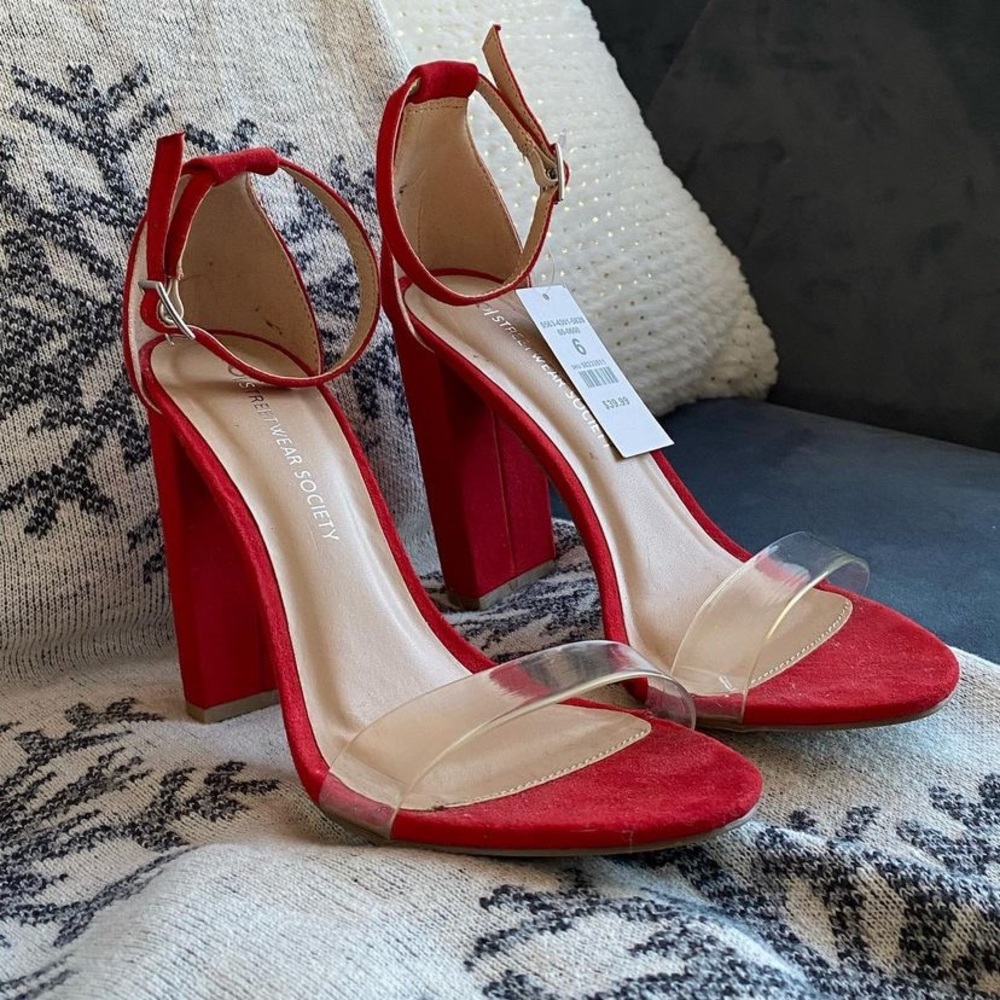 Red pumps with clear straps